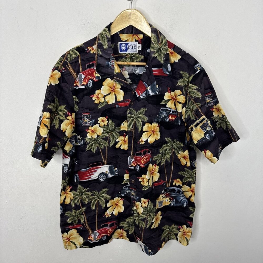 VTG 90s RJC Mens XL Hawaiian Shirt Palm Trees Blue Ocean Hot Rod Cars
